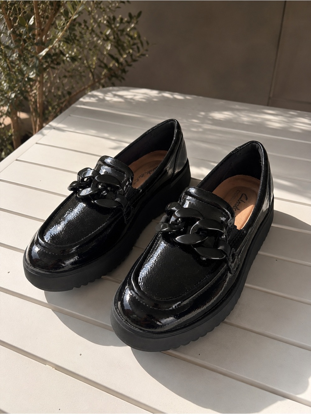 Clarks Zylah May Patent Loafers Black Chain Platform Size 5